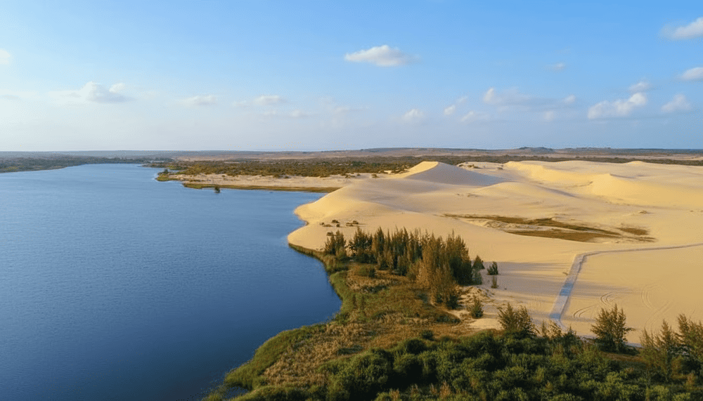 Khung cảnh độc đ&aacute;o với sự kết hợp giữa đồi c&aacute;t m&ecirc;nh m&ocirc;ng v&agrave; hồ nước rộng lớn